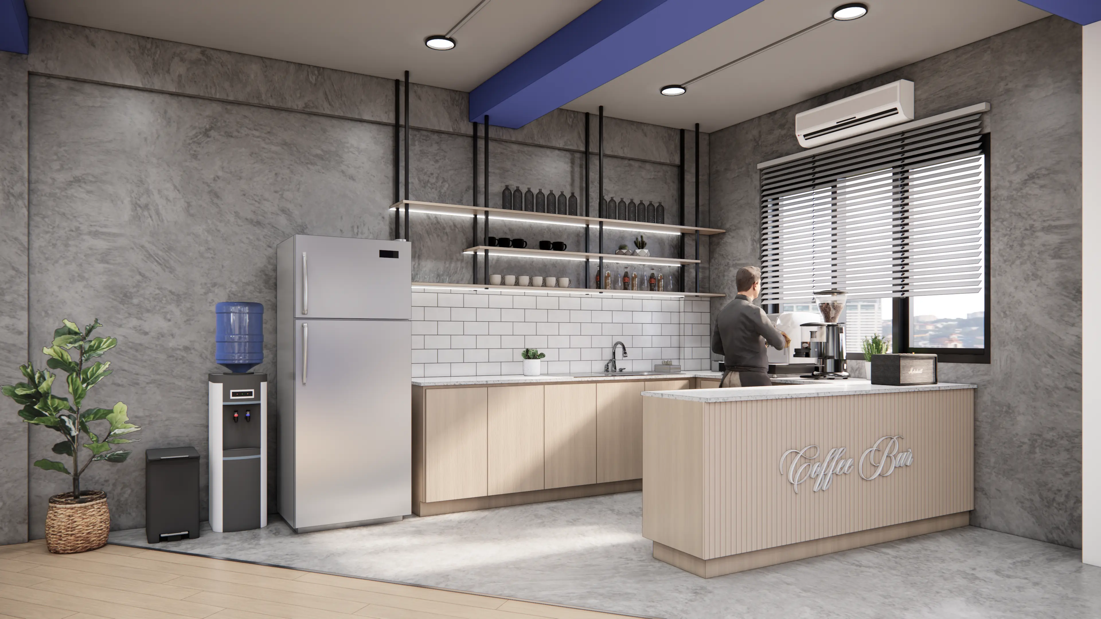 Coffee Bar — Blue Counter & Pendant Lights