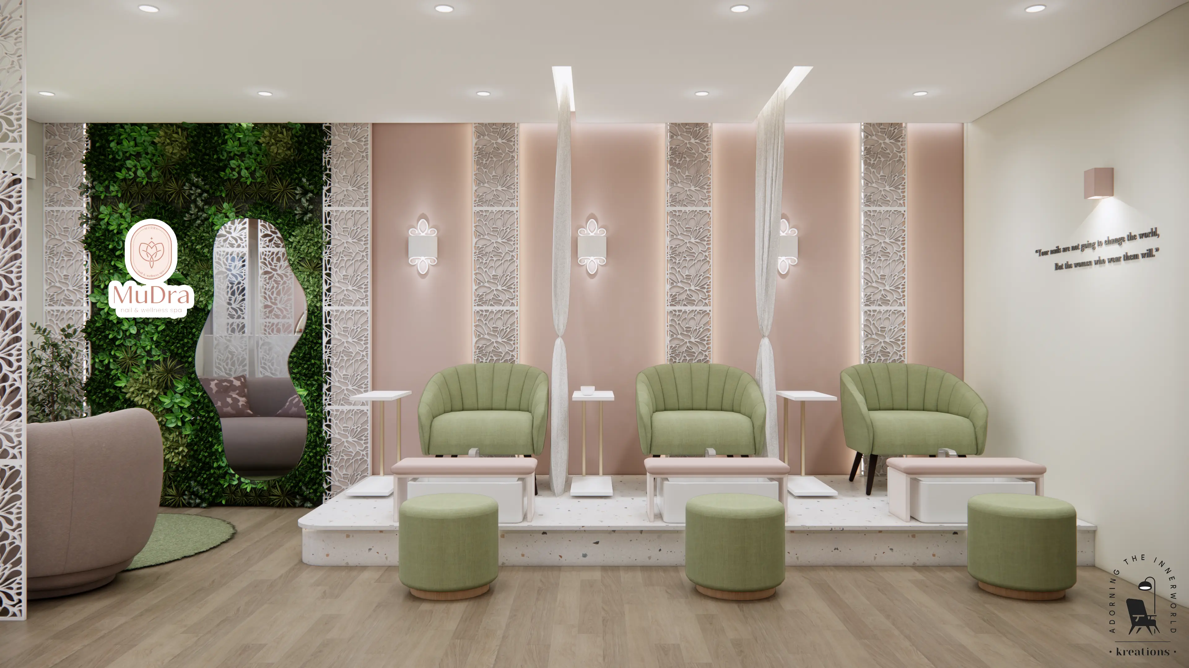 Nail & Foot Area — Green Chairs & Pink Wall