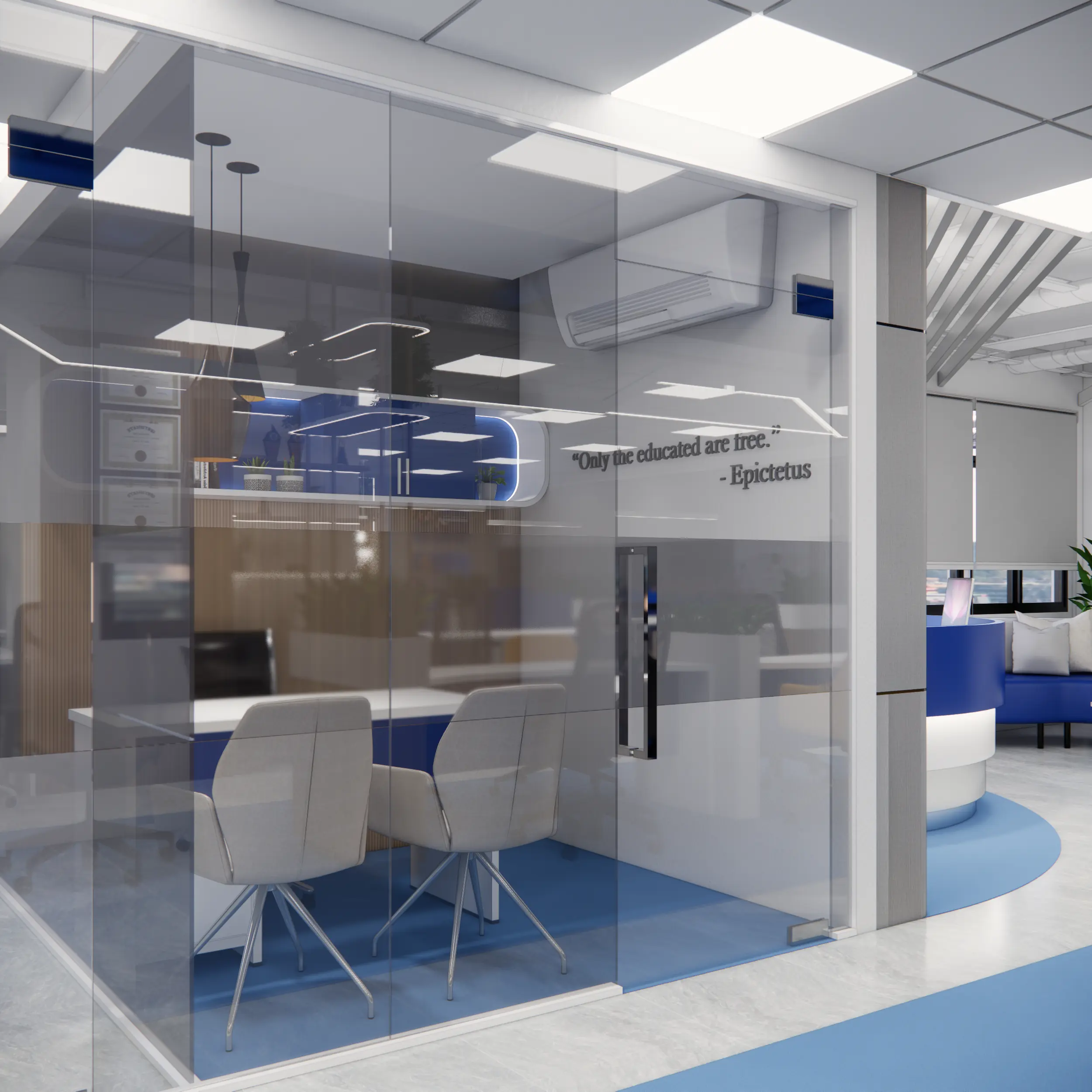 Interview Room — Pendant Lights & Blue Cabinet