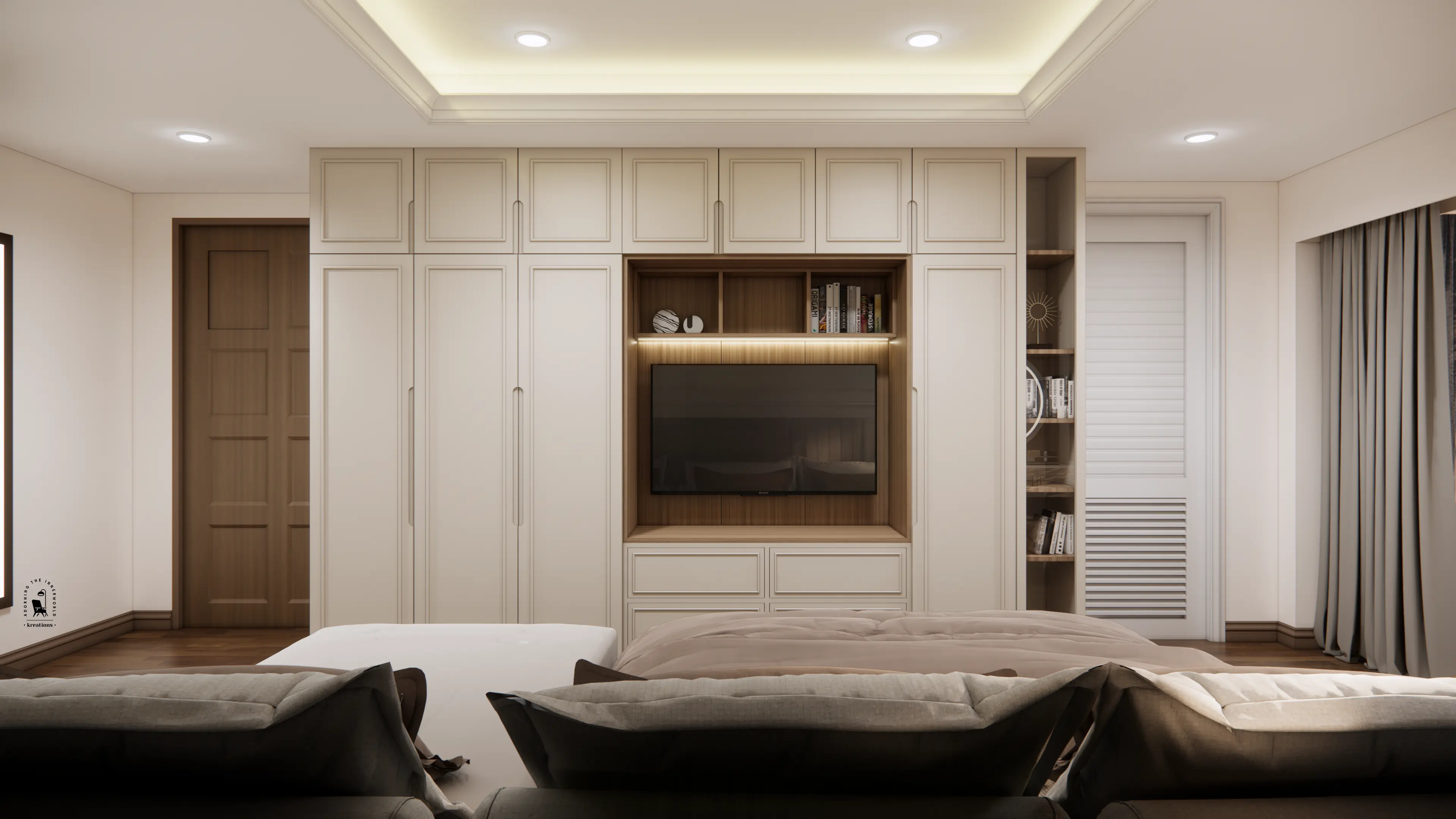 Master Bedroom — Beige Tones & Wood Headboard