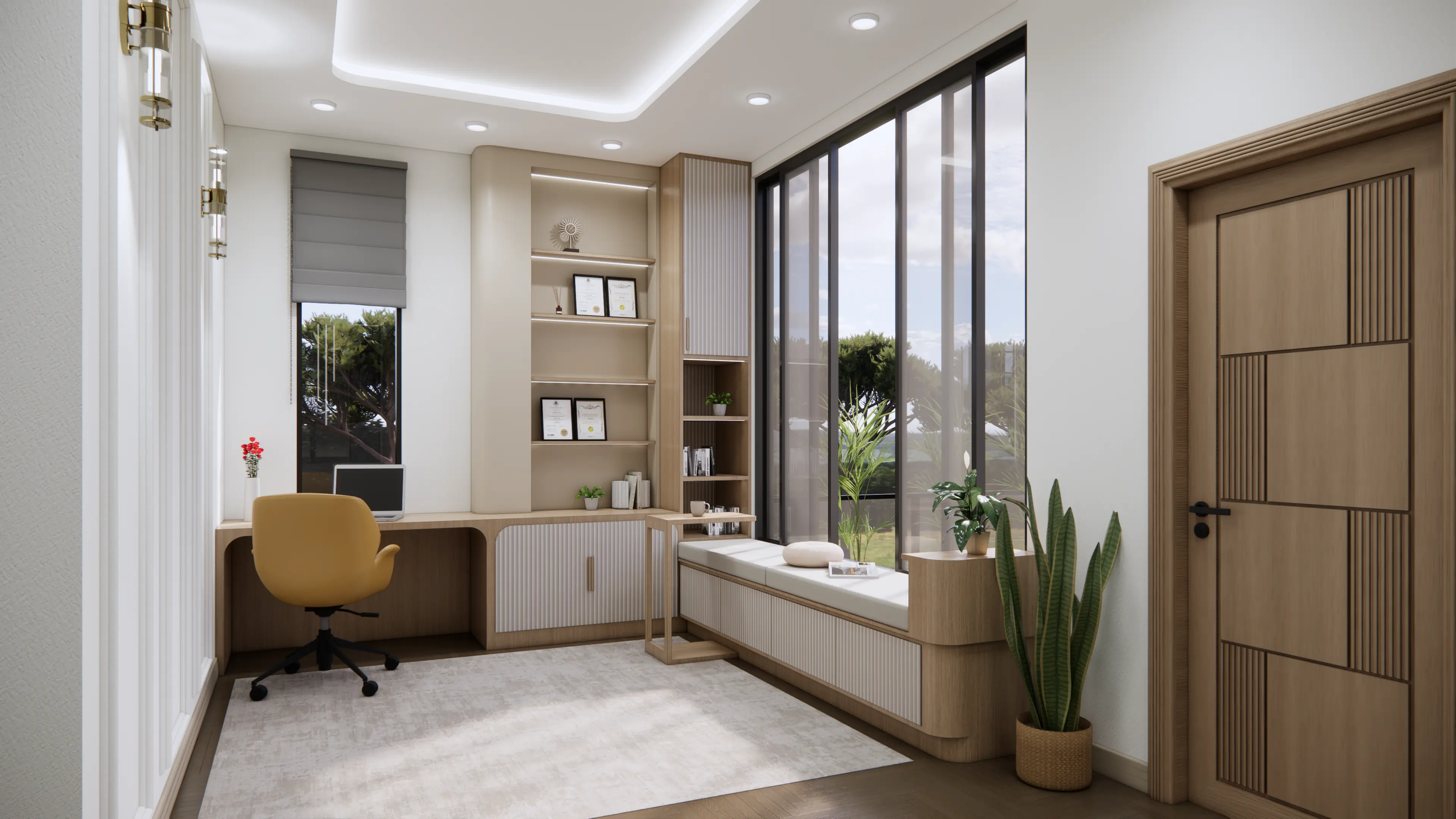 Home Office — Yellow Chair & Glass Facade