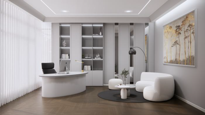 Home Office — Curved Desk & Bookshelves