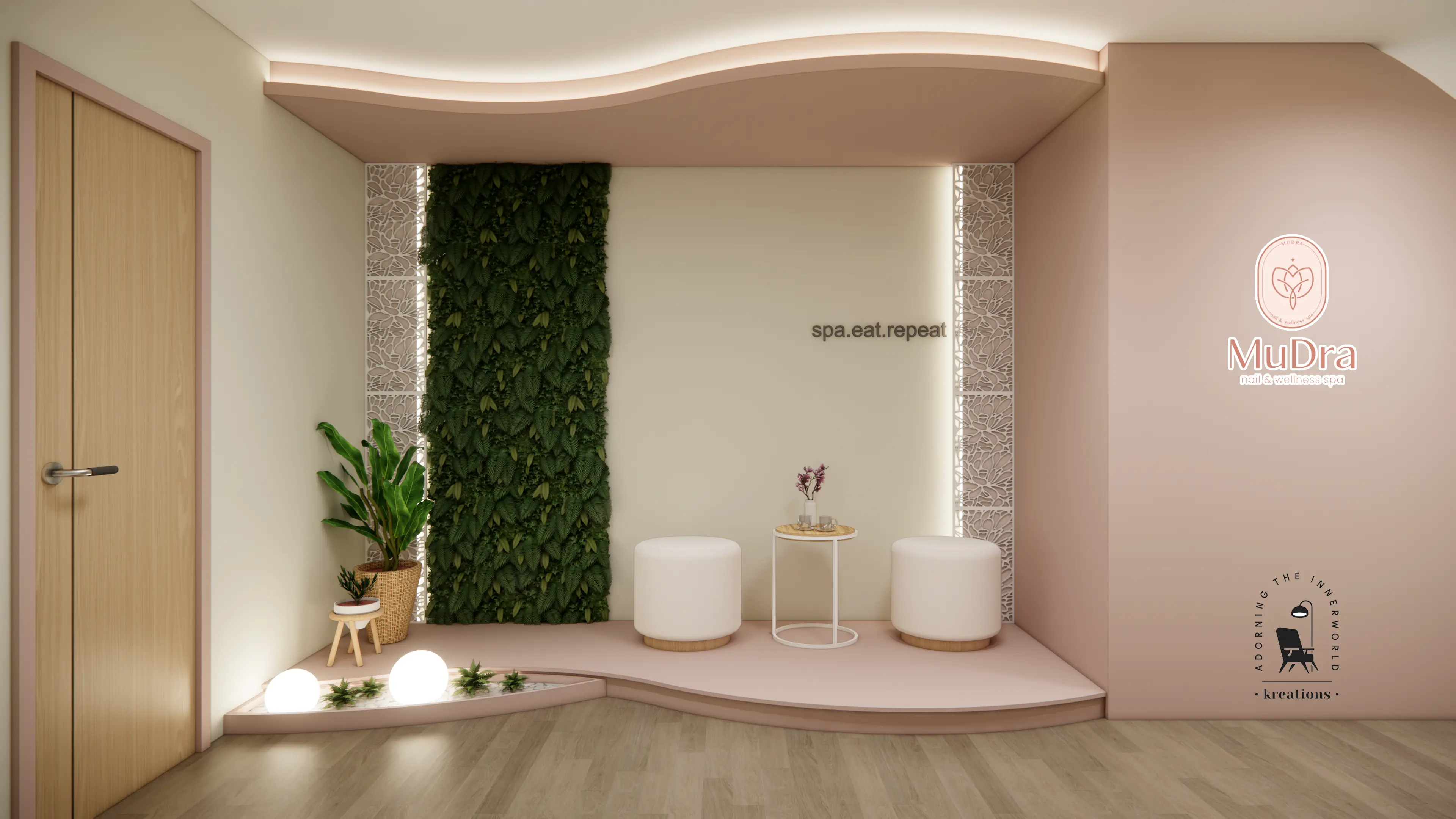 Waiting Area — Green Wall & MuDra Logo